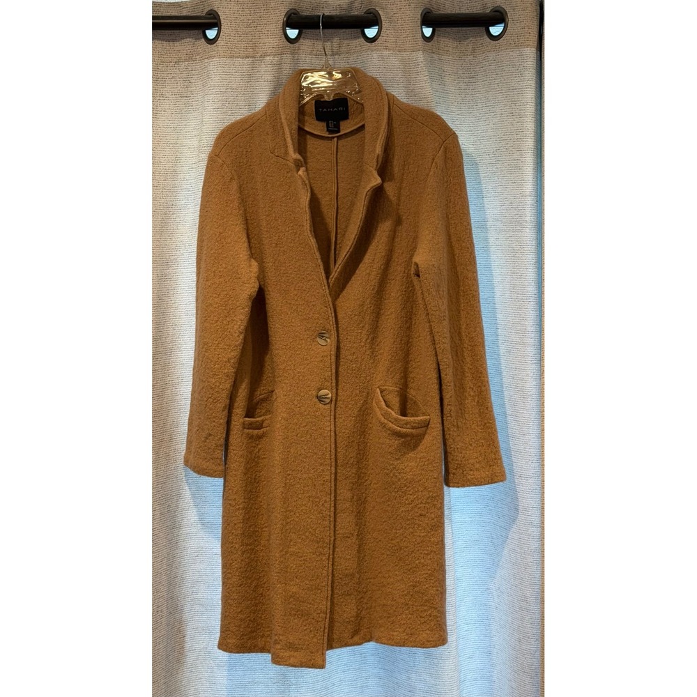 Tahari Women's Wool Blend Long Coat Camel Brown Notch Collar Pockets Women' s XL